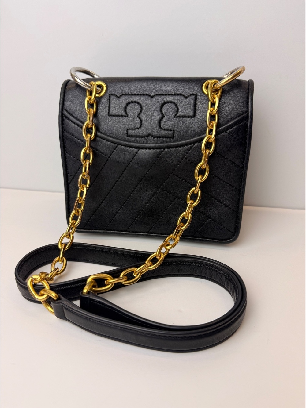 Tory Burch Alexa Mini Black Quilted Leather Crossbody Shoulder Bag Chain Strap